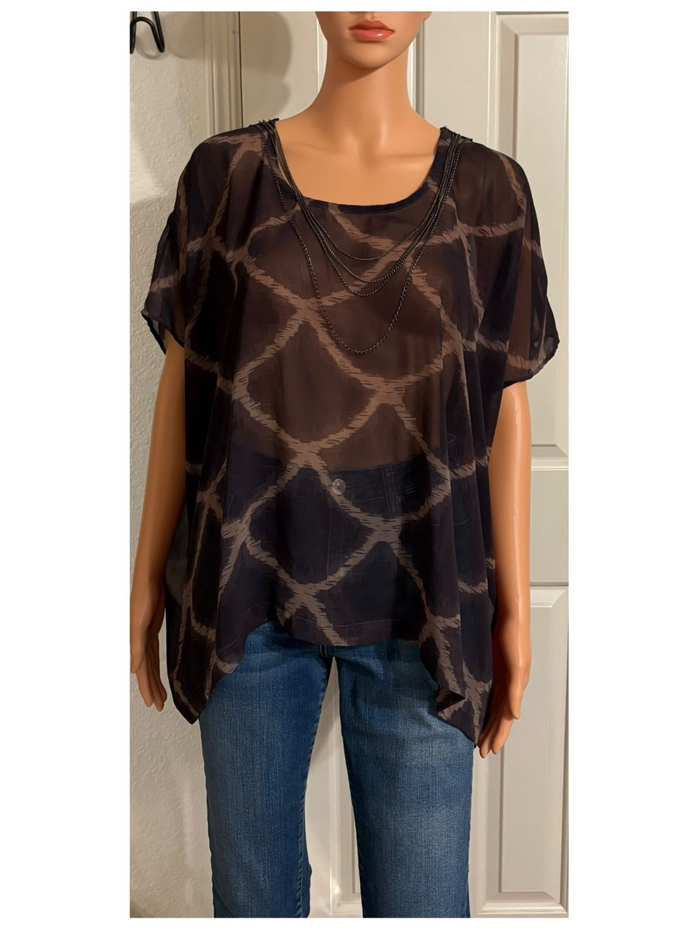 Stella Laguna Beach Collective Concepts Black Sheer Blouse with Taupe Geometric